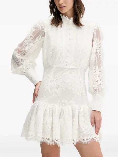 Rochie mini Bardot cu model floral din dantelă alb