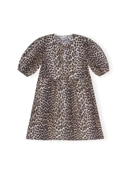 Sukienka mini Ganni w panterkę wiązana beżowa