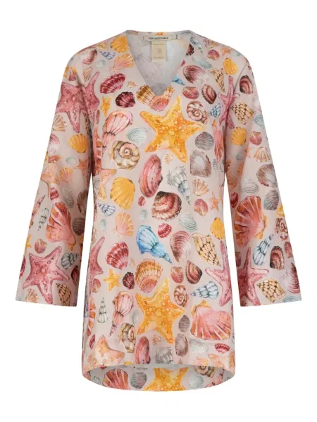 Lniana sukienka Paramidonna z nadrukiem garniturowa brązowa