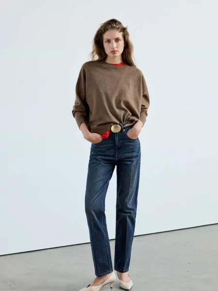 Sweter oversize z okrągłym dekoltem średni Kobieta XXS MANGO brązowy