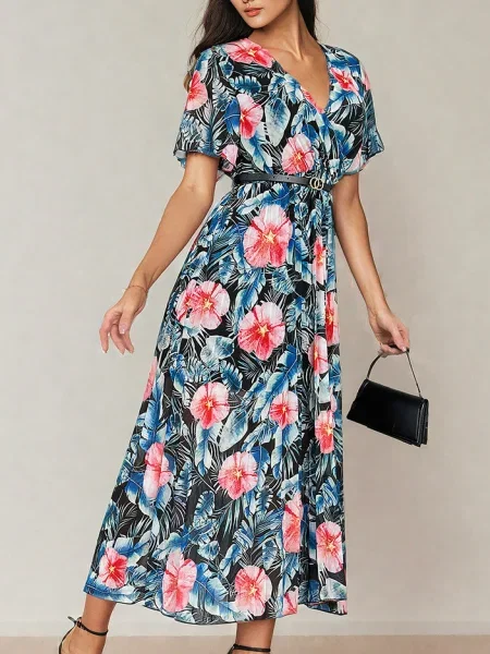Rochie midi Resti cu model floral plisată până la genunchi negru