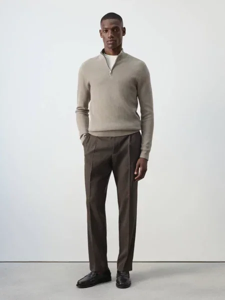 Sweter z cienkiej dzianiny z mieszanki bawełny o strukturalnym splocie z zamkiem błyskawicznym norkowy Mężczyzna XXL MANGO MAN szary