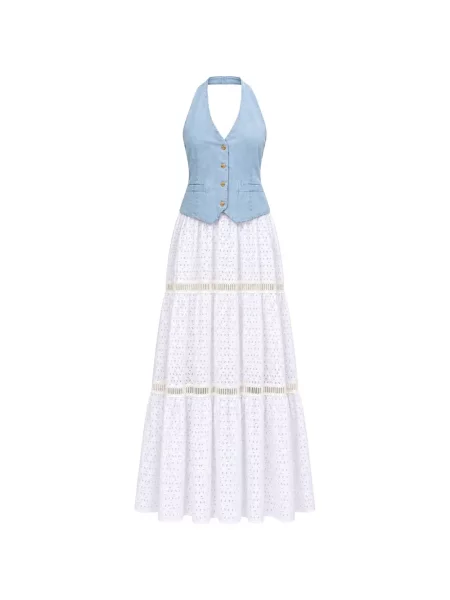 Rochie maxi Kaos cu broderie cu gât halter alb