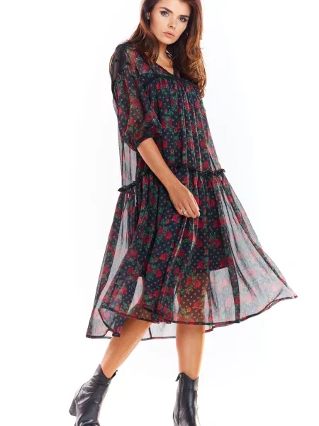 Rochie Awama cu model floral negru