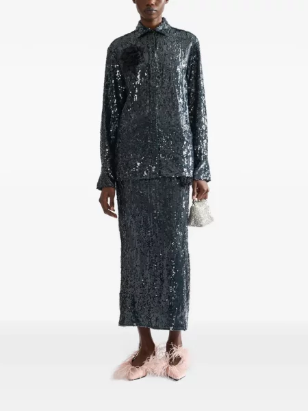 Cămașă Erdem cu paiete cu model floral verde