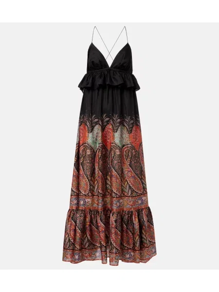 Копринена макси рокля Zimmermann с волани с пейсли десен черно
