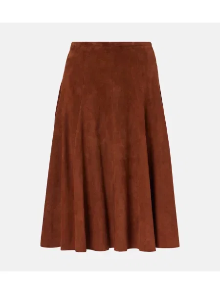 Fustă midi Stouls din piele de căprioară până la genunchi bordo