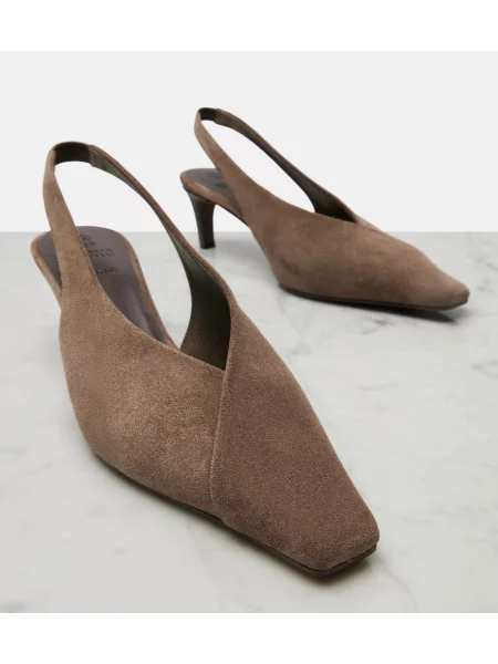 Pantofi cu toc Brunello Cucinelli din piele de căprioară slingback maro