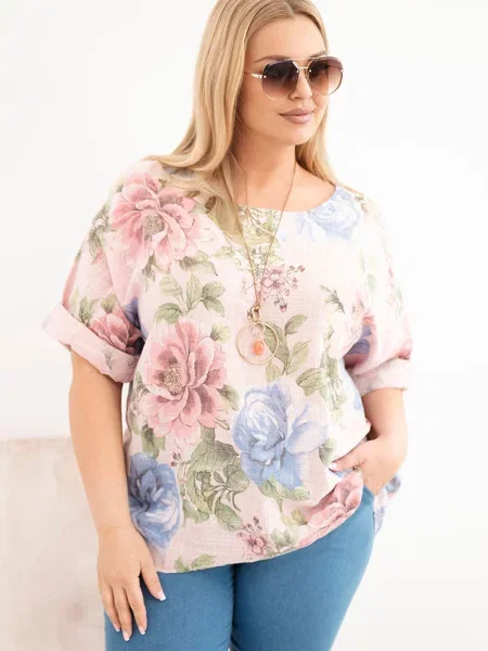 Bluzka Kesi Włoski w kwiatki z krótkim rękawem niebieska