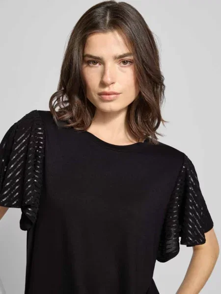 T-shirt z prążkowanym okrągłym dekoltem Comma czarna