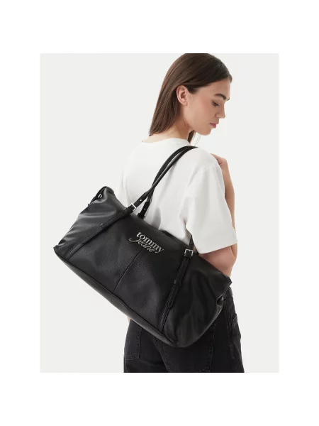 Tommy Jeans Дамска чанта Pebble Grain Metal Logo Tote Bag черен