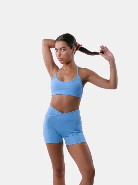 Stanik sportowy z plecami Y na jogę i pilates – Encore – błękitny niebieski
