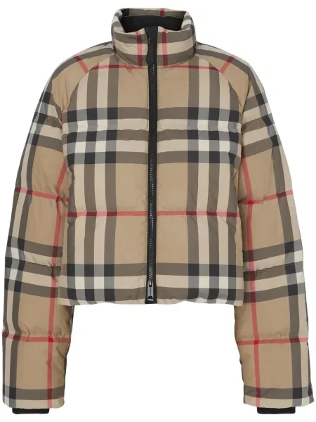 Decupat geacă cu puf Burberry în carouri retro maro