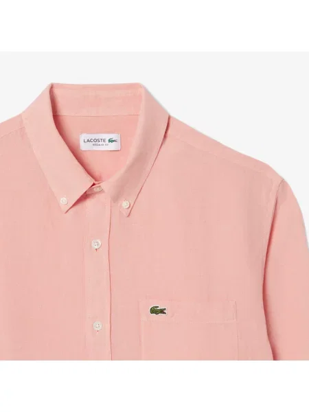 Lacoste Lniana Koszula Button-Down Regular Fit różowa