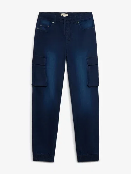 Jeansy dresowe z cargo slim fit straight z gumką w talii niebieskie