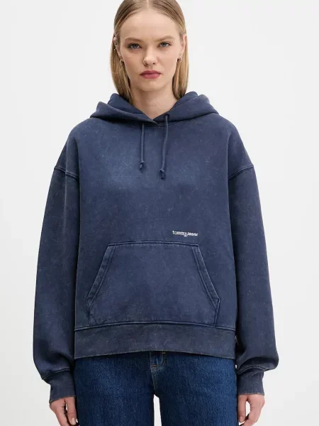 Dukserica Tommy Jeans za žene tamno s kapuljačom bez uzorka plava