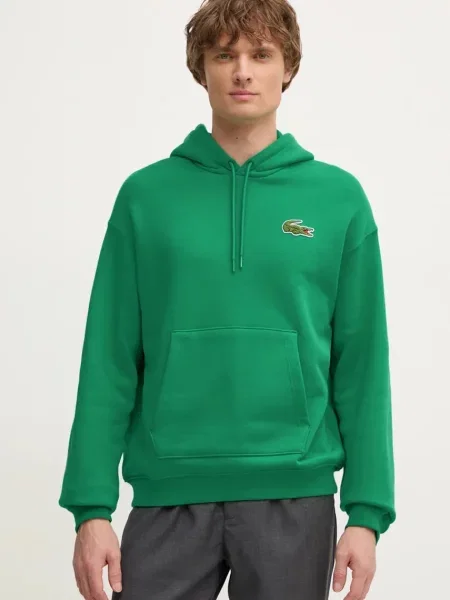 Bombažen pulover Lacoste s kapuco zelena