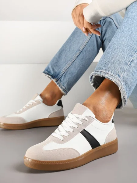 Biało-Czarne Sneakersy Tenisówki z Geometrycznym Wzorem Hanivra białe