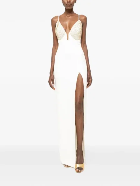Maksi sukienka maxi Nissa z frędzli garniturowa biała