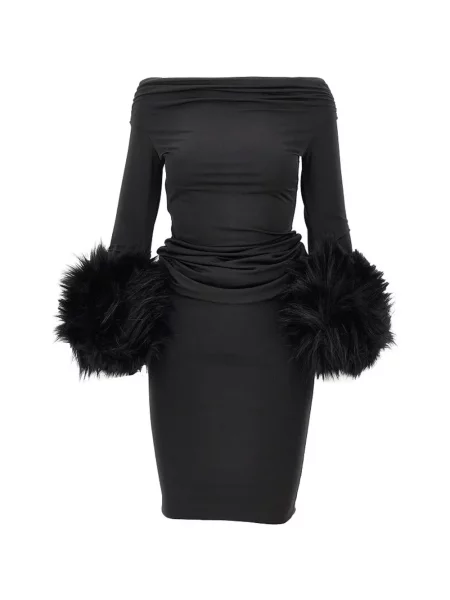 Garnitură de blană rochie maxi The Andamane cu umerii deschiși cu blană negru