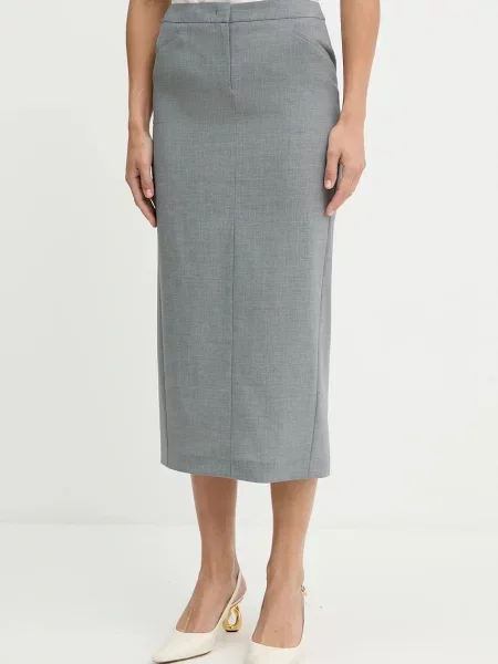 BOSS fustă de lână midi drept gri
