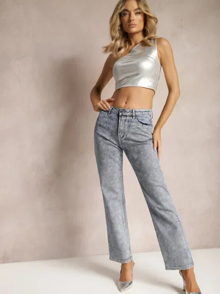 Blugi albaștri Mom Fit cu textură strălucitoare Vonea albastru