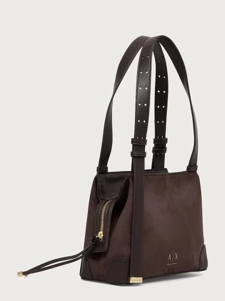 Geantă shopper Armani Exchange din piele de căprioară maro