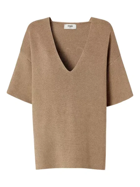 Top Fendi cu broderie cu decolteu în V maro