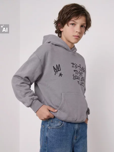 Sinsay Mikina s kapucí s graffiti potiskem šedá