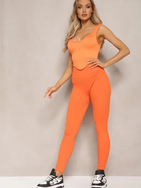 Legginsy High Waist Prążkowane Push-Up Sunflowia pomarańczowe