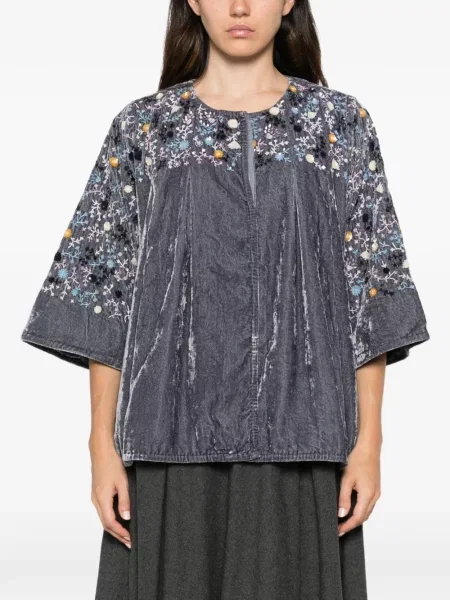 Geacă Aodress de catifea cu model floral albastru