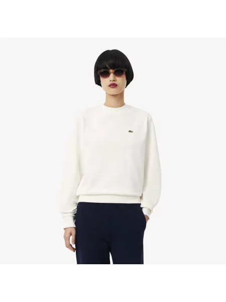 Lacoste Bluza Z Polaru Z Okrągłym Dekoltem Relaxed Fit Kremowa biała