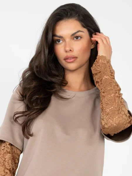 Блуза Factory Price с дантела дантелени ръкави кафяво