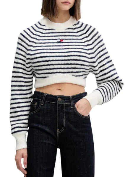 Pulover Tommy Jeans cu dungi scurt albastru