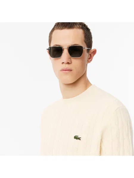Lacoste Wełniany Sweter Warkoczowy Z Okrągłym Dekoltem Ecru biały