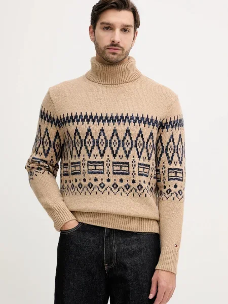 Svetr s příměsí vlny Tommy Hilfiger s golfem hnědá