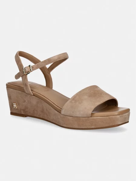 Tommy Hilfiger sandali s polno semiš SUEDE WRAPPED MID WEDGE bež
