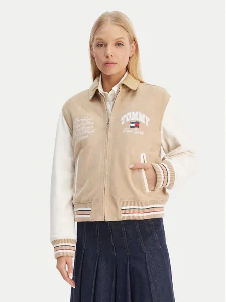 Tommy Jeans Geacă de piele Suede Varsity bej
