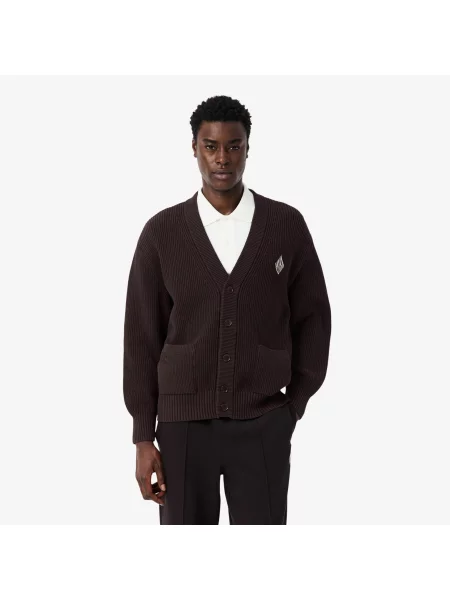 Lacoste Kardigan Z Dekoltem V Relaxed Fit Ciemnobrązowy brązowy