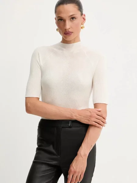 BOSS tricou de lână cu turtleneck bej