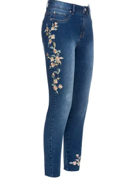 Jeansy skinny średni stan cropped niebieskie