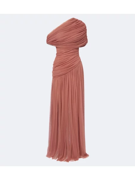 Rochie maxi De La Vali din tul asimetrică drapată roz