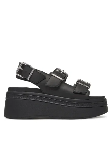 Кожени сандали Tommy Jeans WEDGE SANDAL с платформа черно
