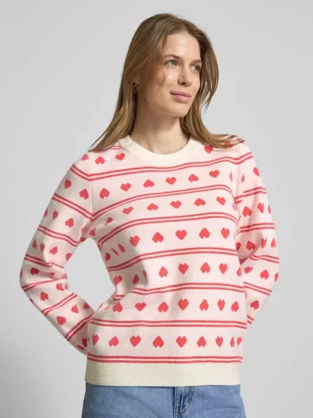 Sweter o kroju relaxed fit z całopowierzchniowym motywem haftu model Brielle' Ichi różowy