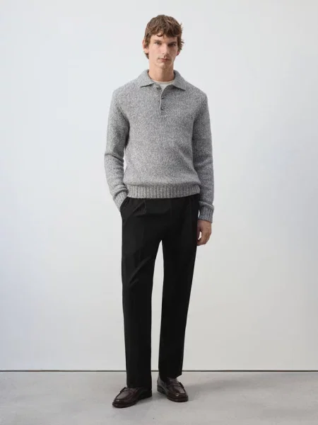 Sweter polo z dzianiny z mieszanki wełny jasnoszary Mężczyzna S MANGO MAN
