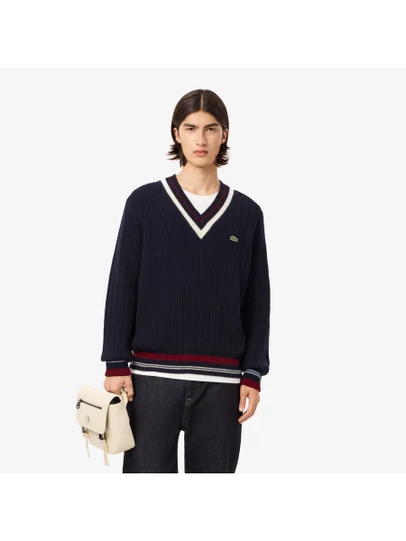 Lacoste Gruby Wełniany Sweter W Stylu Tenisowym granatowy