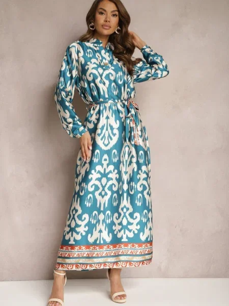 Rochie satinată cu în talie și imprimeu ornamental Tarosa albastră