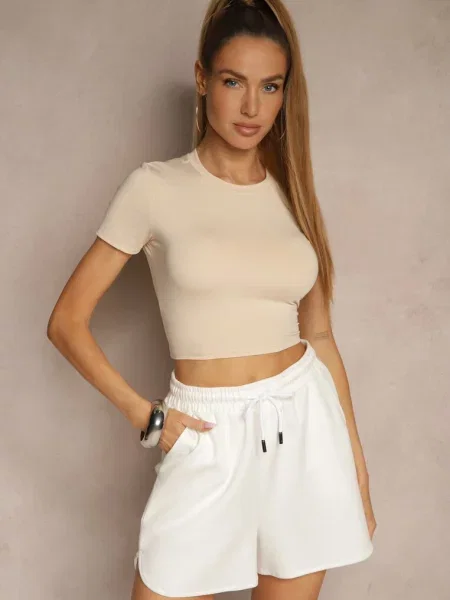Dopasowany T-shirt z Wiskozą o Kroju Crop Top Folaviela beżowy