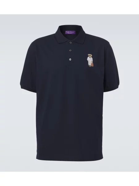 Tricou polo Ralph Lauren Purple Label cu broderie din cașmir albastru