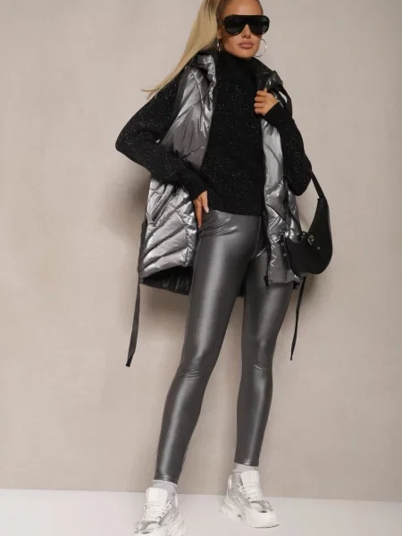 Legginsy Push-Up z Ekoskóry Ocieplone Polarkiem Alabella szare
